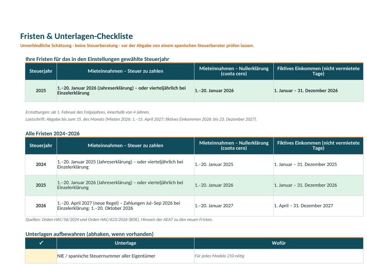 Blatt Fristen und Unterlagen-Checkliste