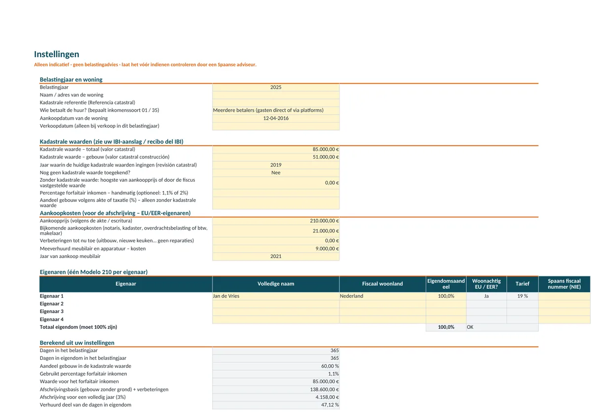 Blad Instellingen met gele invoervelden